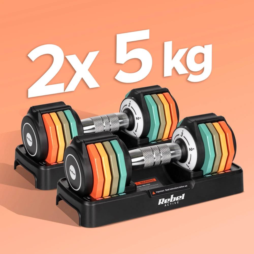 Hantle Automatiškai reguliuojami ketaus hanteliai, 2 x 5kg rinkinys, 1kg žingsniai, REBEL ACTIVE