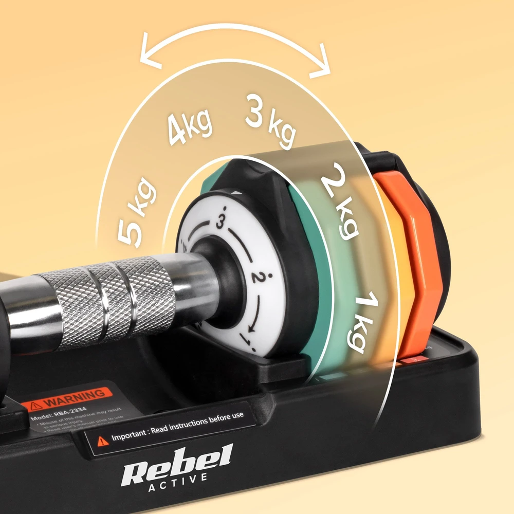 Hantle Automatiškai reguliuojami ketaus hanteliai, 2 x 5kg rinkinys, 1kg žingsniai, REBEL ACTIVE