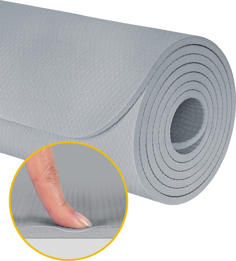 Mata Gimnastikos kilimėlis jogai, pilatesui, fitnesui, 200x115 cm, 1 cm storio, TPE medžiaga, pilkas, REBEL ACTIVE