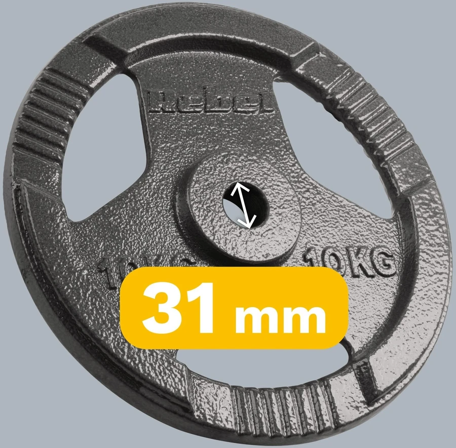 Ketaus svarelių rinkinys 2x10kg, skylė 31mm, plokštė su rankenomis, REBEL ACTIVE