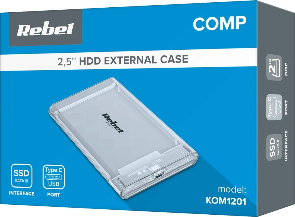 2.5 colio SATA USB C 3.1 Rebel disko korpusas skaidrus