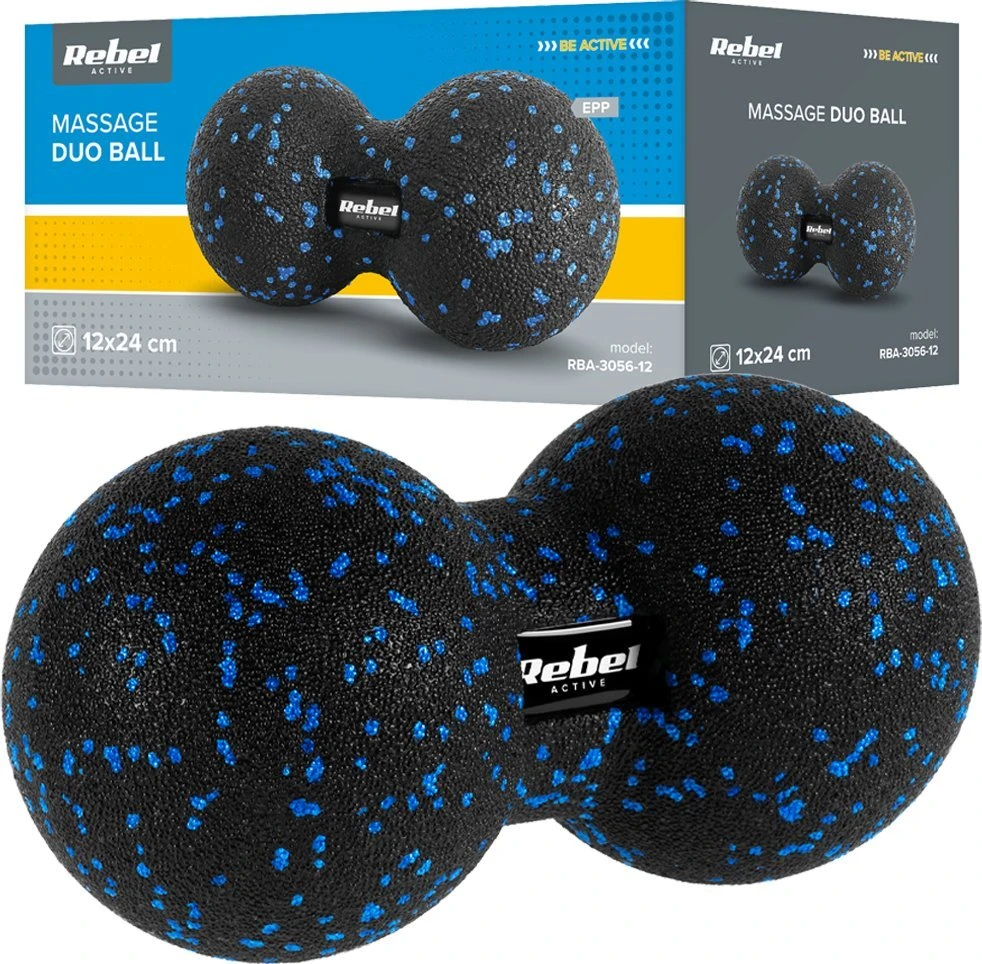 Duoball dvigubas masažo kamuolys 12cm, juodos ir mėlynos spalvos, EPP medžiaga, REBEL ACTIVE