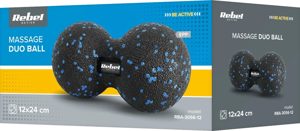 Duoball dvigubas masažo kamuolys 12cm, juodos ir mėlynos spalvos, EPP medžiaga, REBEL ACTIVE