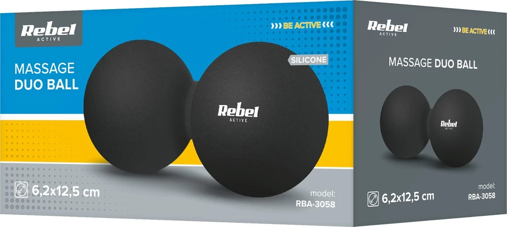 Duoball dvigubas masažo kamuolys 6.2 cm, juodos spalvos, silikoninė medžiaga, REBEL ACTIVE