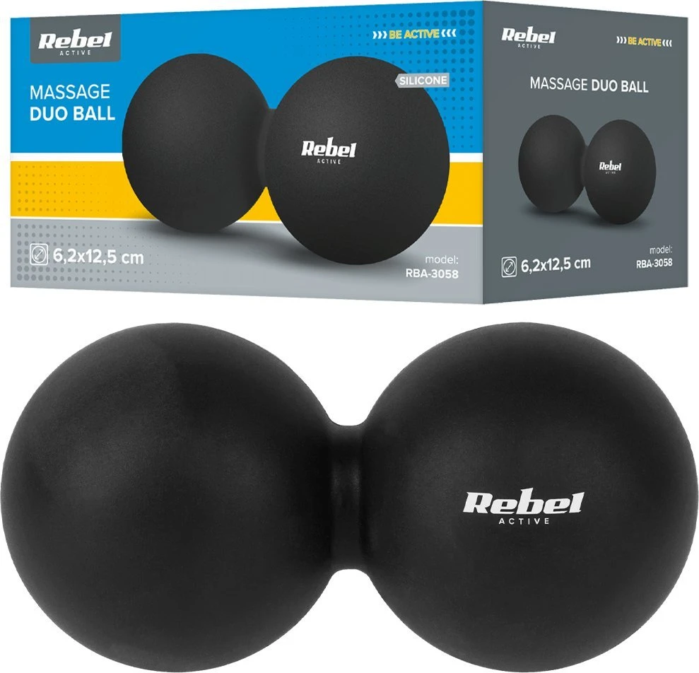 Duoball dvigubas masažo kamuolys 6.2 cm, juodos spalvos, silikoninė medžiaga, REBEL ACTIVE