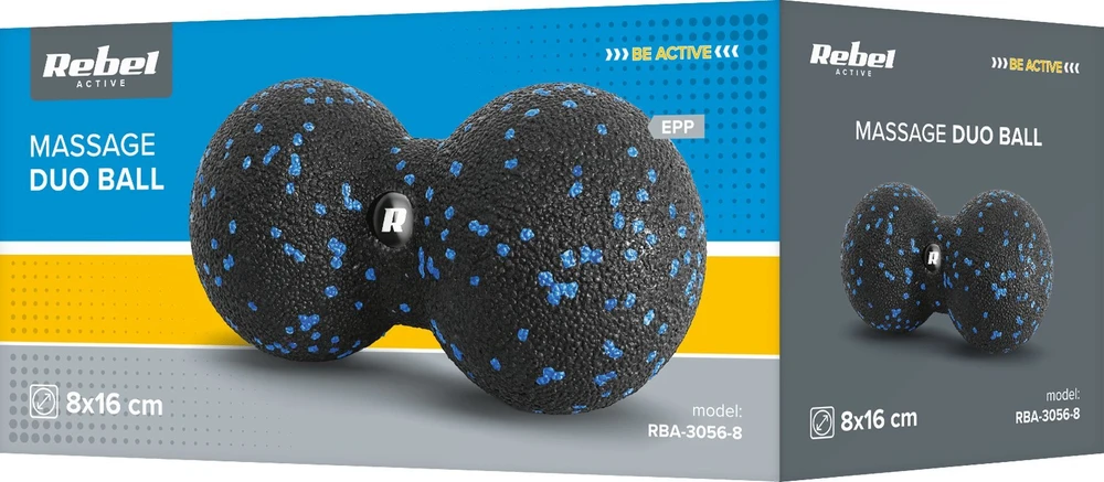 Duoball dvigubas masažo kamuolys 8cm, juodos ir mėlynos spalvos, EPP medžiaga, REBEL ACTIVE