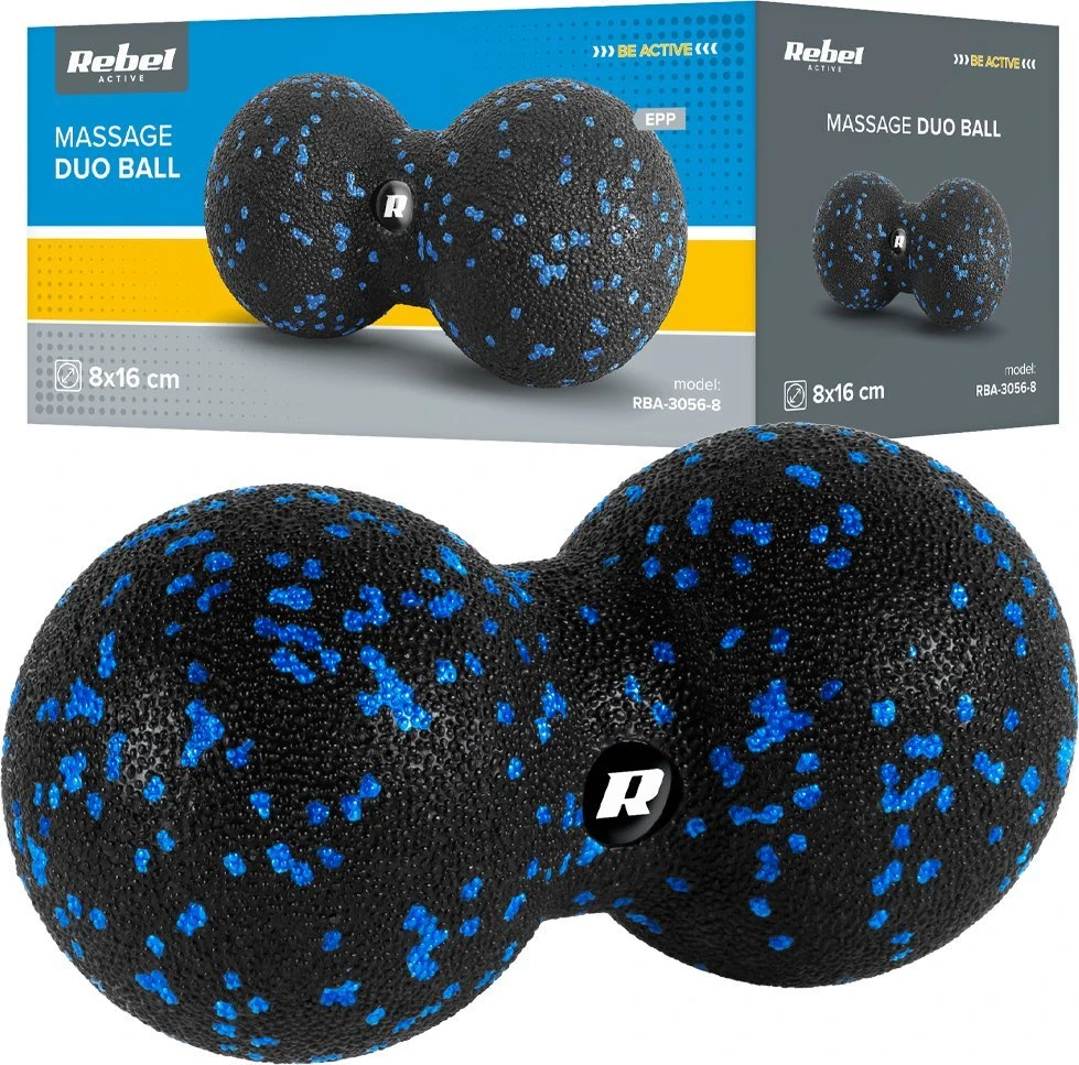 Duoball dvigubas masažo kamuolys 8cm, juodos ir mėlynos spalvos, EPP medžiaga, REBEL ACTIVE