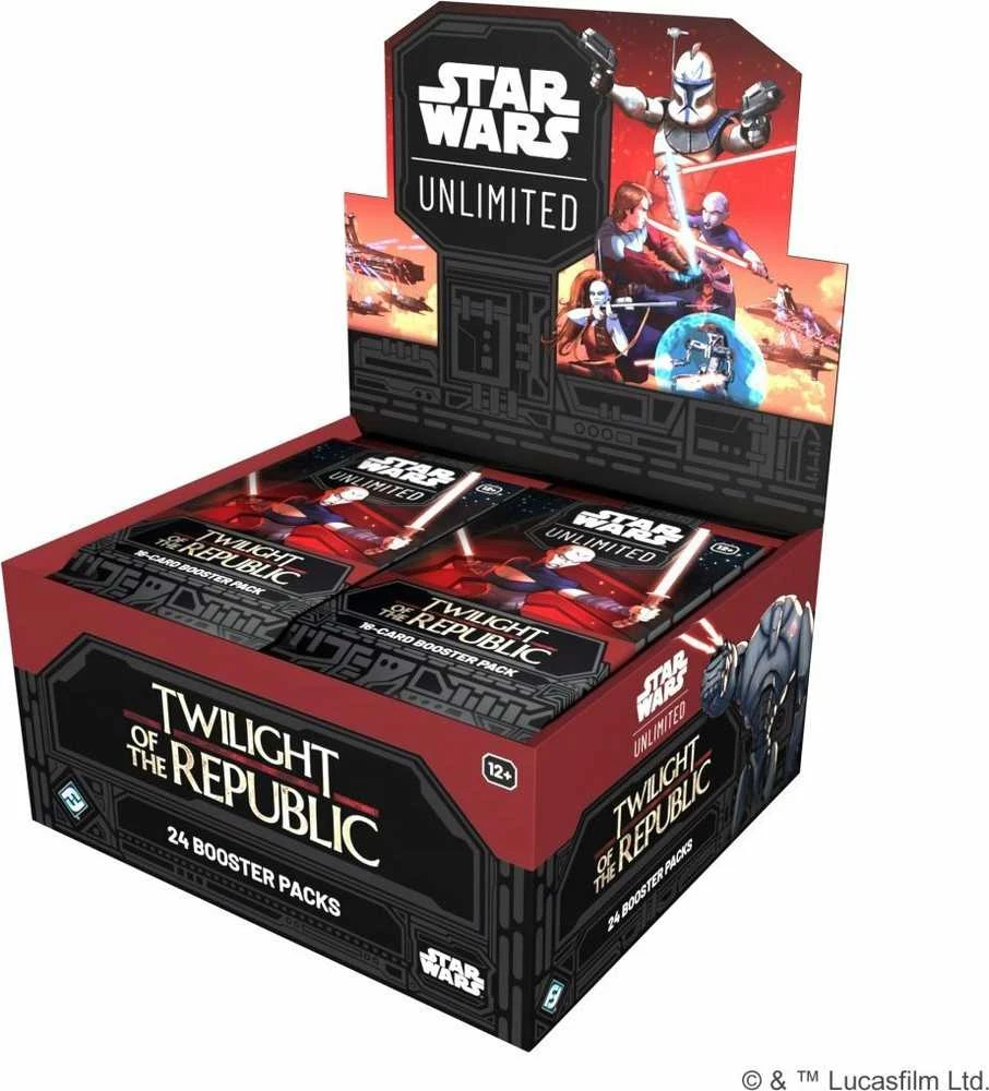 Lucasfilm Kolekcionuojamų Kortelių Žaidimas - Star Wars: Unlimited TCG Twilight of the Republic Booster Box Set 24 Pakeliai, 9 Įprastos Kortelės, 3 Neįprastos Kortelės, 1 Retas Kortelė, 1 Lyderis, 1 Bazė/Žetonas, 1 Folijos Kortelė