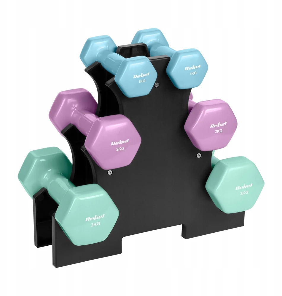 HEX ketaus vinilo hantelių rinkinys 12 kg su stovu (2x1kg + 2x2kg + 2x3kg), REBEL ACTIVE