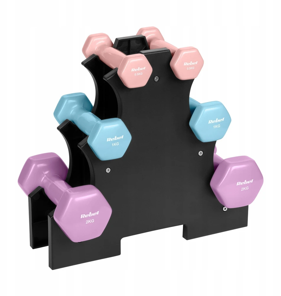 HEX ketaus vinilo hantelių rinkinys 7kg su stovu (2x0.5kg + 2x1 kg + 2x2 kg), REBEL ACTIVE