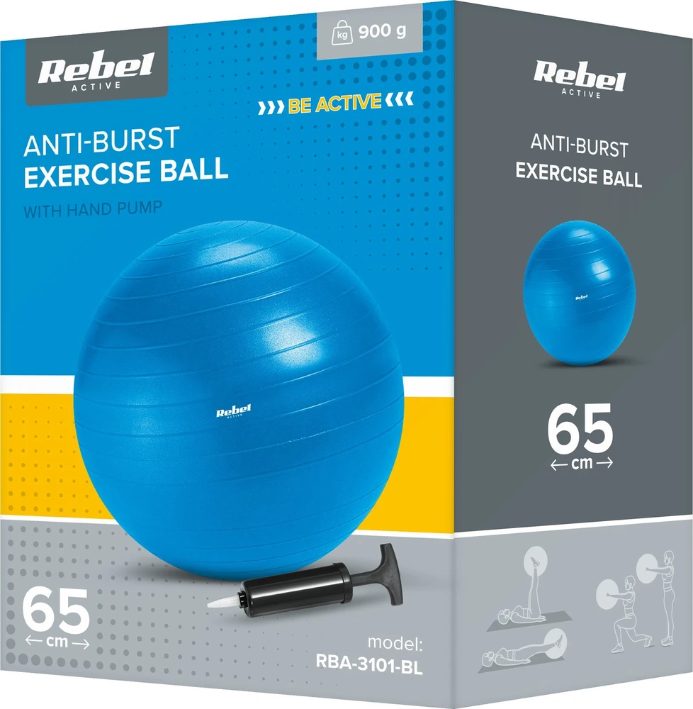 Reabilitacinis gimnastikos kamuolys 65 cm su rankine pompa, mėlynas, REBEL ACTIVE