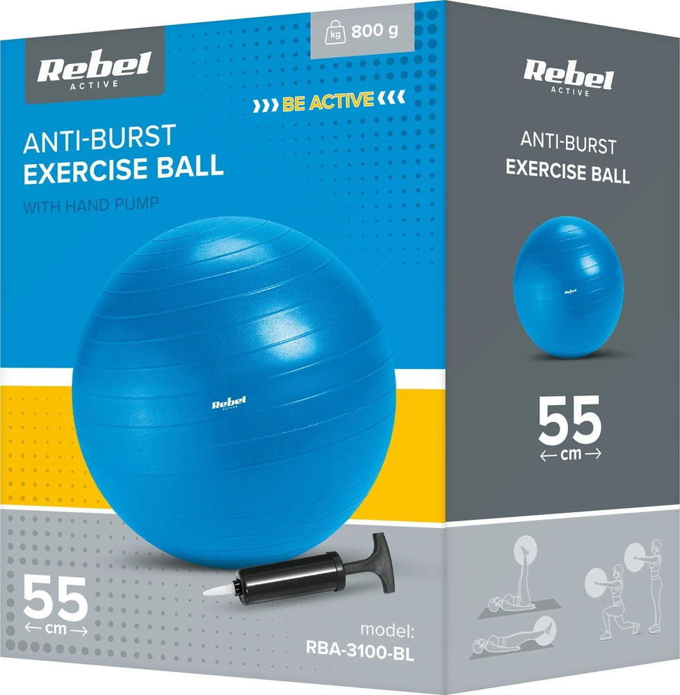 Reabilitacinis gimnastikos kamuolys 55 cm su rankine pompa, mėlynas, REBEL ACTIVE