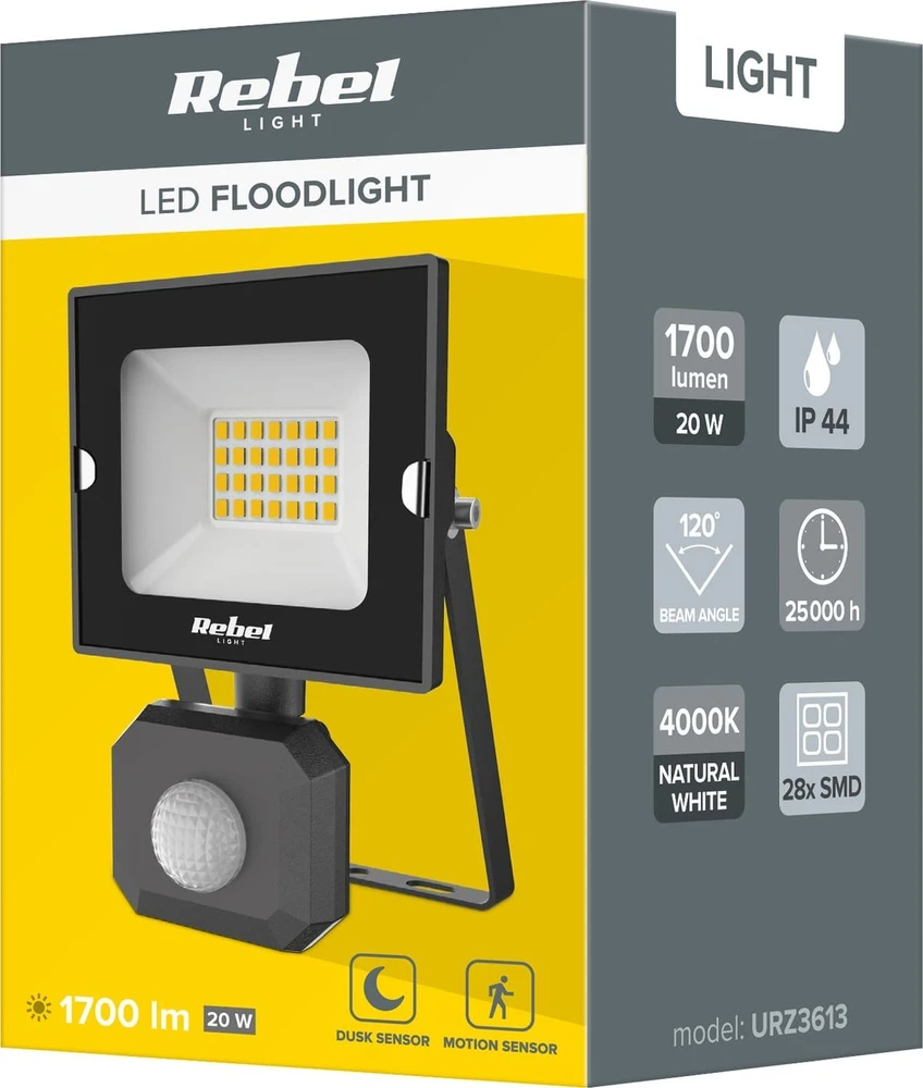 Rebel 20W LED prožektorius su judesio ir prieblandos jutikliu, 4000K, 230V
