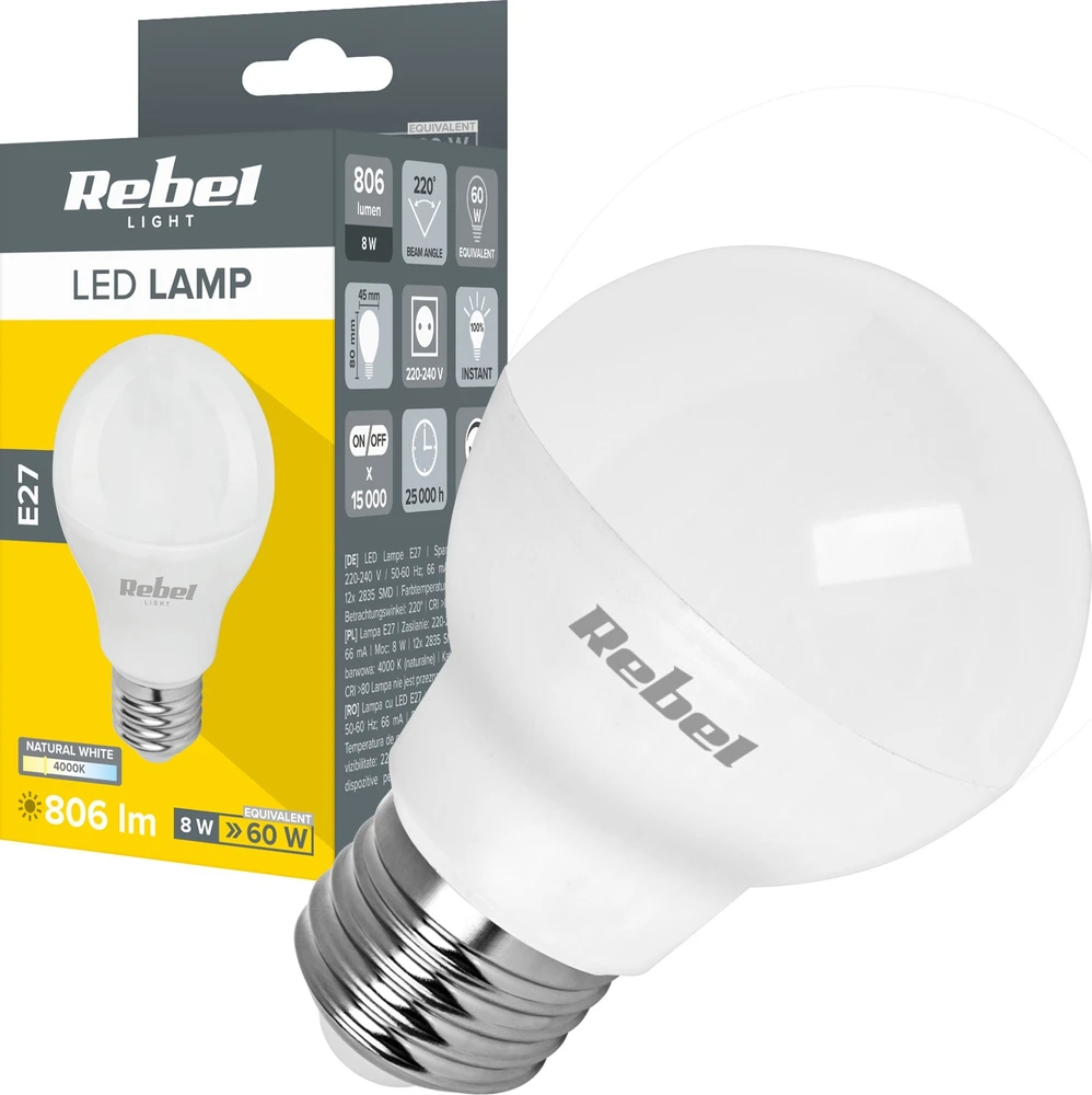 LED lempa Rebel G45 8W, E27, 4000K, 230V