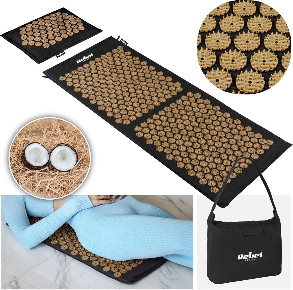 Mata EKO kilimėlis su akupresūros smaigaliais ir pagalve, 110x42cm, XL, pilki smaigaliai, Rebel Active