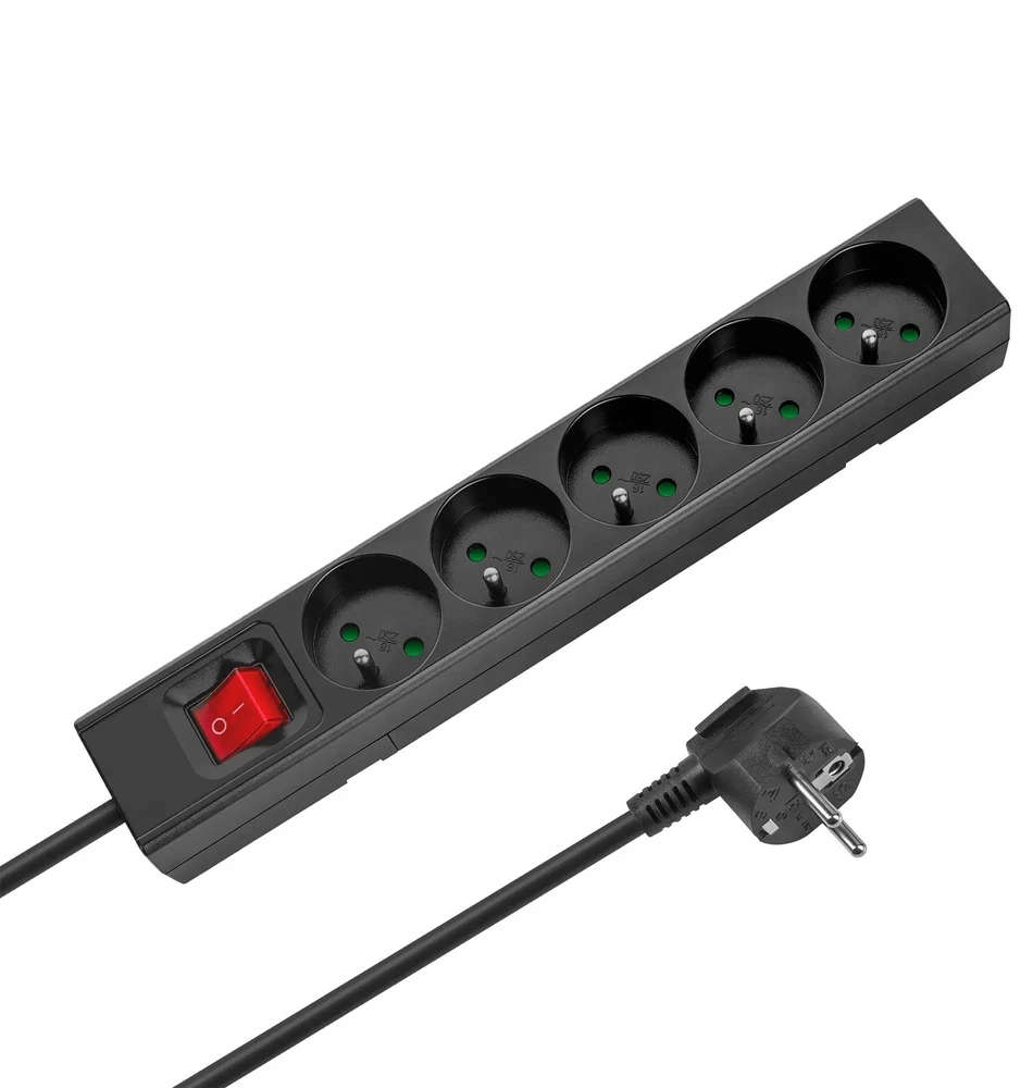 Przedłużacz Prailgintuvas, 5 lizdų, 2 m, prancūziško tipo, su jungikliu (3x1,5 mm), Rebel juodas