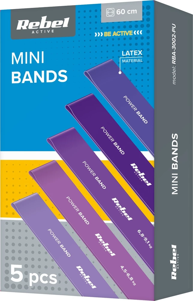 Latekso mankštos juostų rinkinys - Mini Band L, 2.3-18.2kg, 5 juostos, violetinė, REBEL ACTIVE