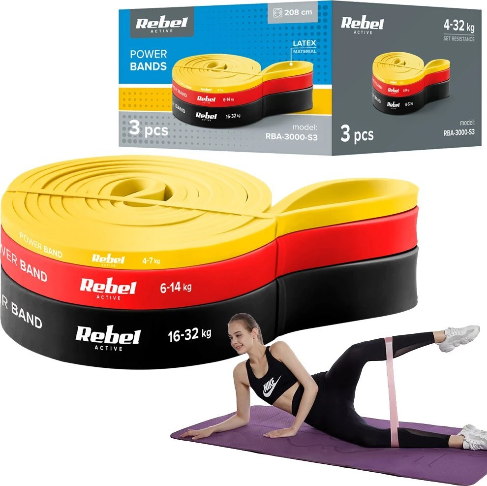 Latekso mankštos juostų rinkinys - Power Band PLs-1, 4-32 kg, 3 juostos, REBEL ACTIVE