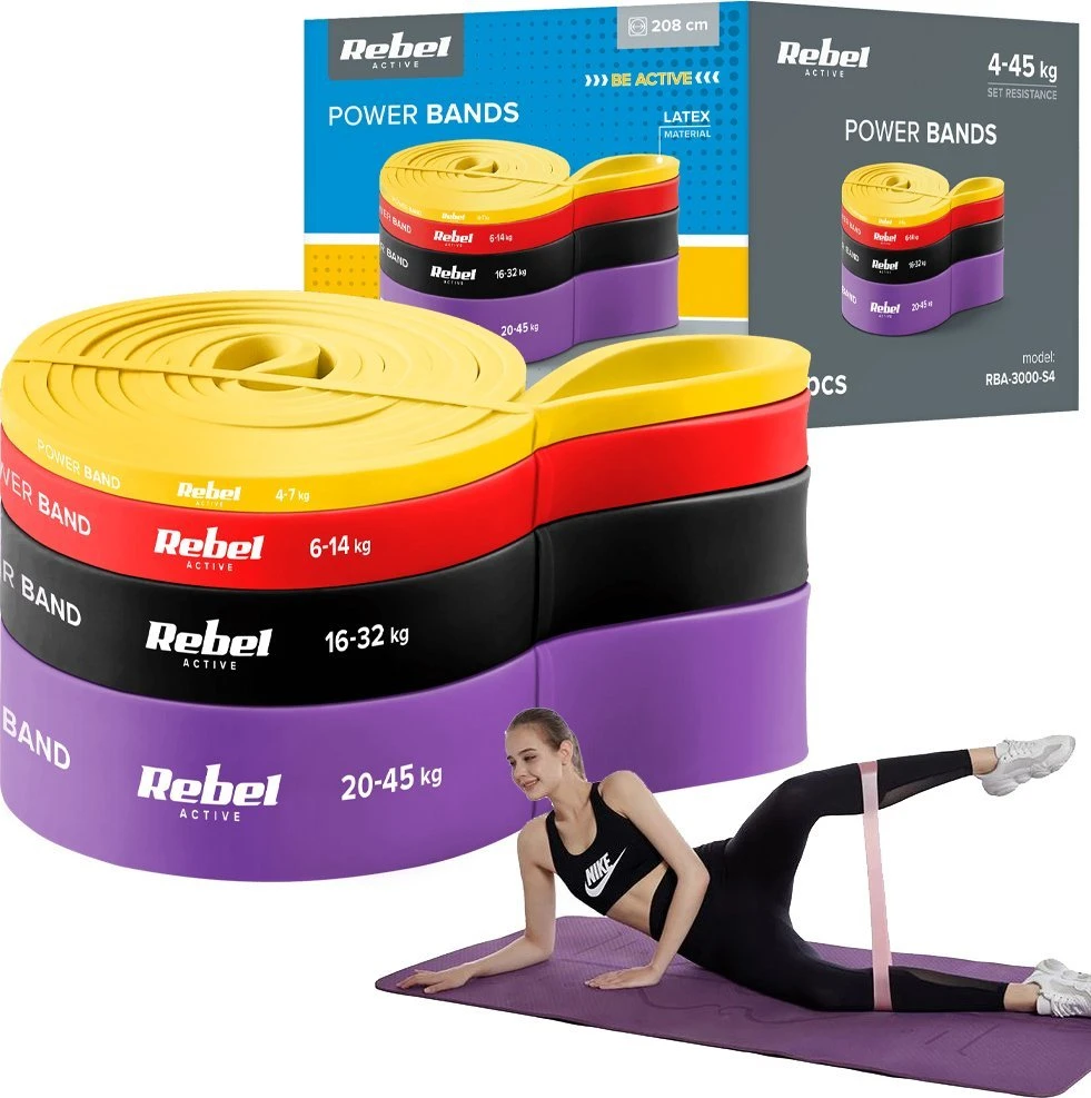Latekso mankštos juostų rinkinys - Power Band PLs-2, 4-45 kg, 4 juostos, REBEL ACTIVE