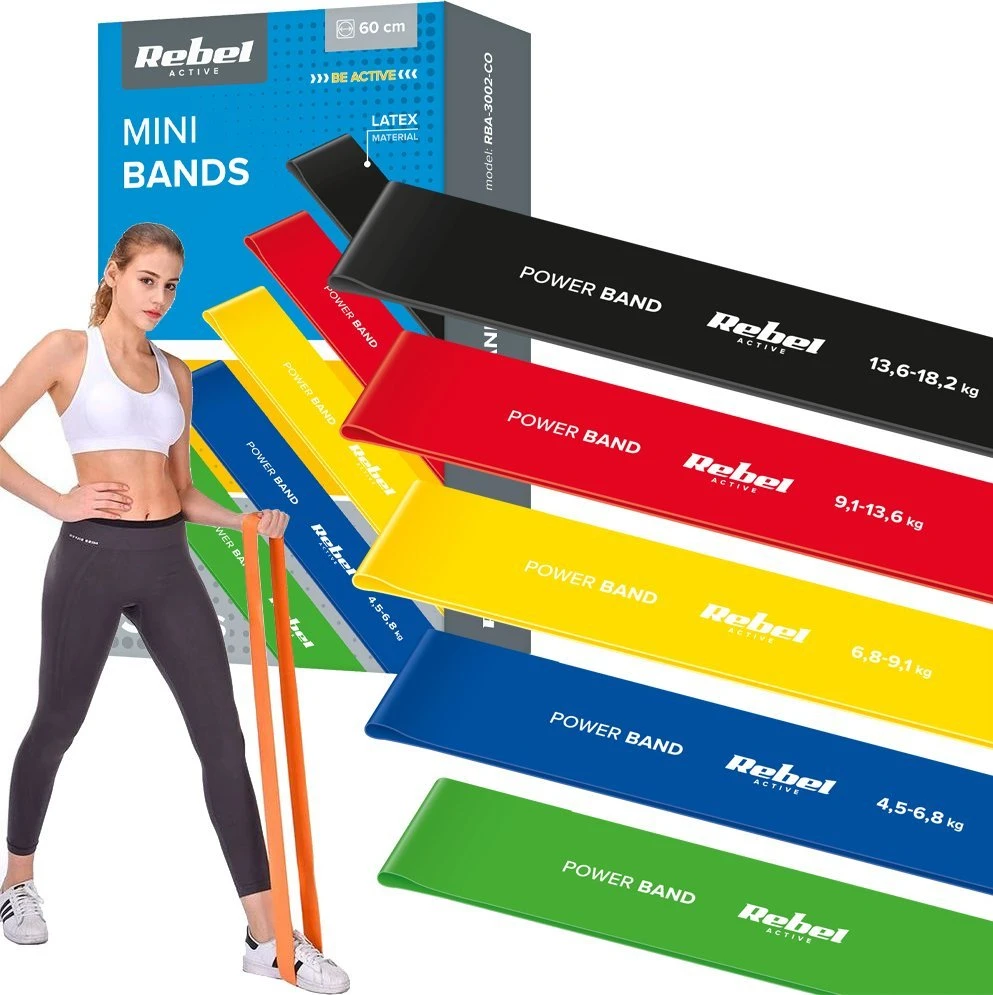 Latekso mankštos juostų rinkinys - Mini Band L, 2.3-18.2kg, 5 juostos, spalvinga, REBEL ACTIVE
