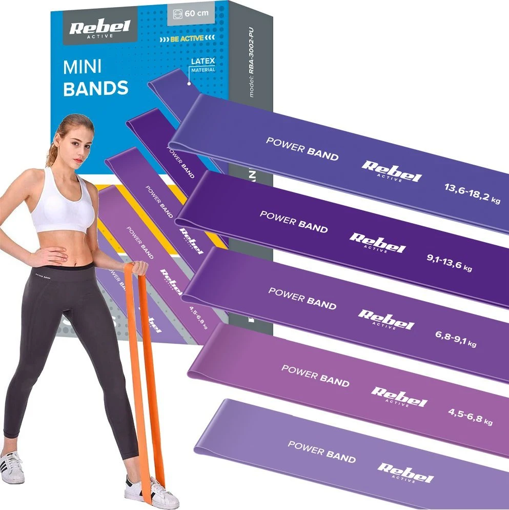 Latekso mankštos juostų rinkinys - Mini Band L, 2.3-18.2kg, 5 juostos, violetinė, REBEL ACTIVE