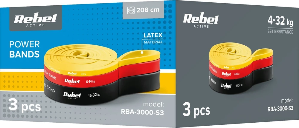 Latekso mankštos juostų rinkinys - Power Band PLs-1, 4-32 kg, 3 juostos, REBEL ACTIVE