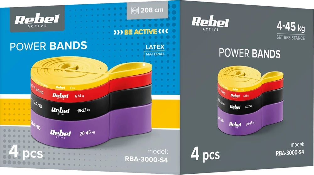 Latekso mankštos juostų rinkinys - Power Band PLs-2, 4-45 kg, 4 juostos, REBEL ACTIVE
