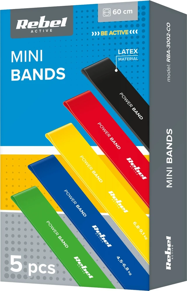 Latekso mankštos juostų rinkinys - Mini Band L, 2.3-18.2kg, 5 juostos, spalvinga, REBEL ACTIVE