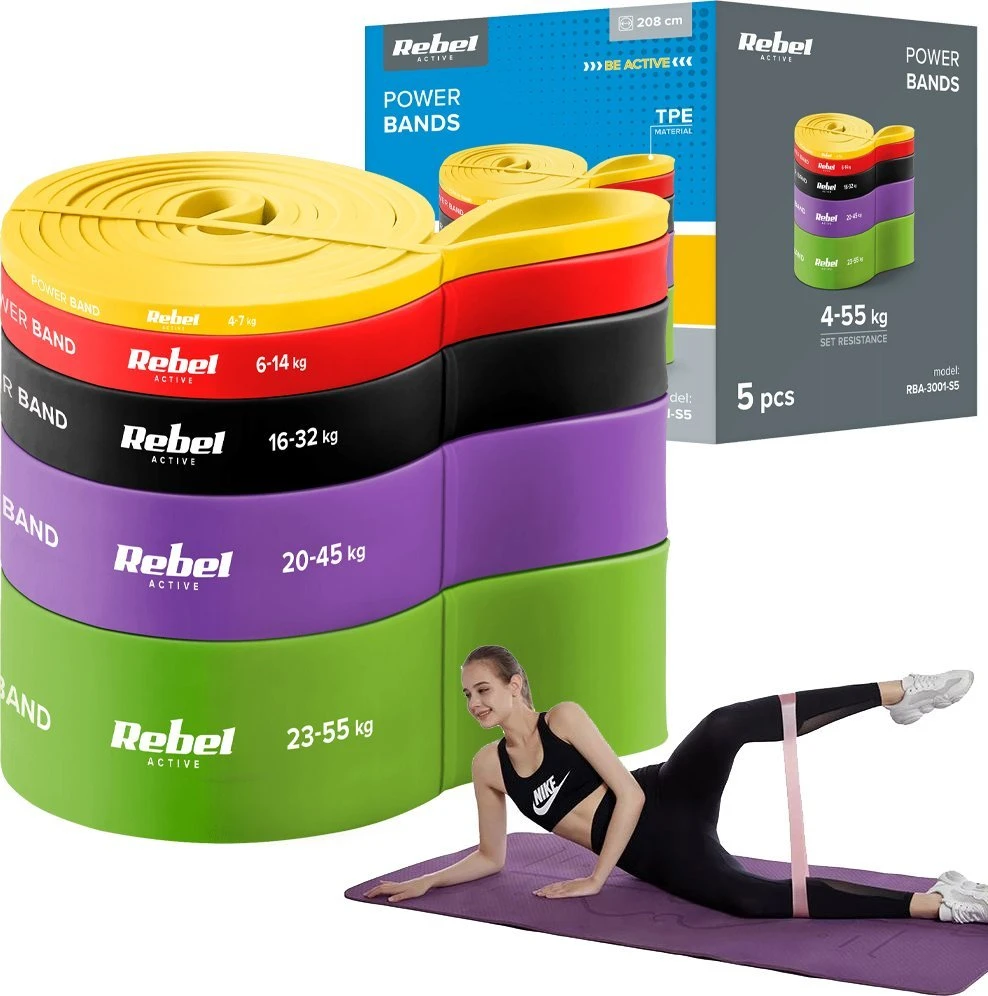 TPE mankštos juostų rinkinys - Power Band PTs-1, 4-55 kg, 5 TPE juostos, REBEL ACTIVE