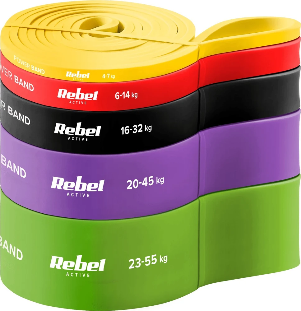 TPE mankštos juostų rinkinys - Power Band PTs-1, 4-55 kg, 5 TPE juostos, REBEL ACTIVE