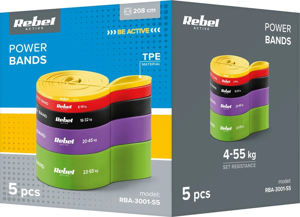 TPE mankštos juostų rinkinys - Power Band PTs-1, 4-55 kg, 5 TPE juostos, REBEL ACTIVE