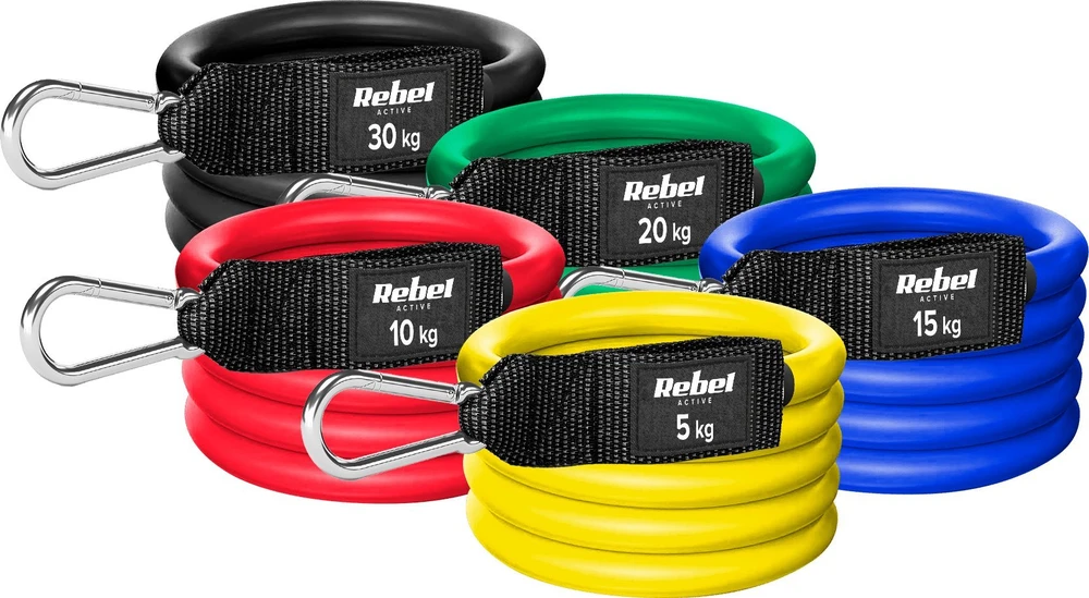 Atsparumo juostų rinkinys pratimams - Power Tube Set, 5-30 kg, 5 juostos, REBEL ACTIVE