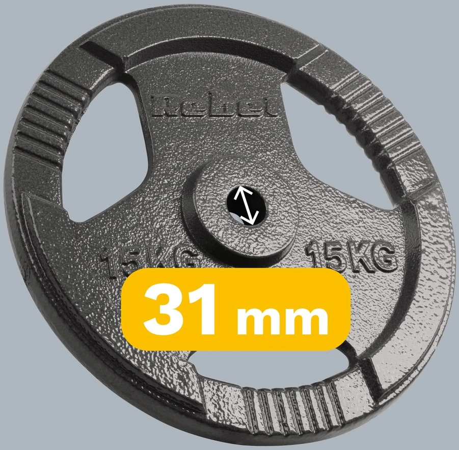 Ketaus svarelių rinkinys 2x15kg, skylė 31mm, plokštė su rankenomis, REBEL ACTIVE