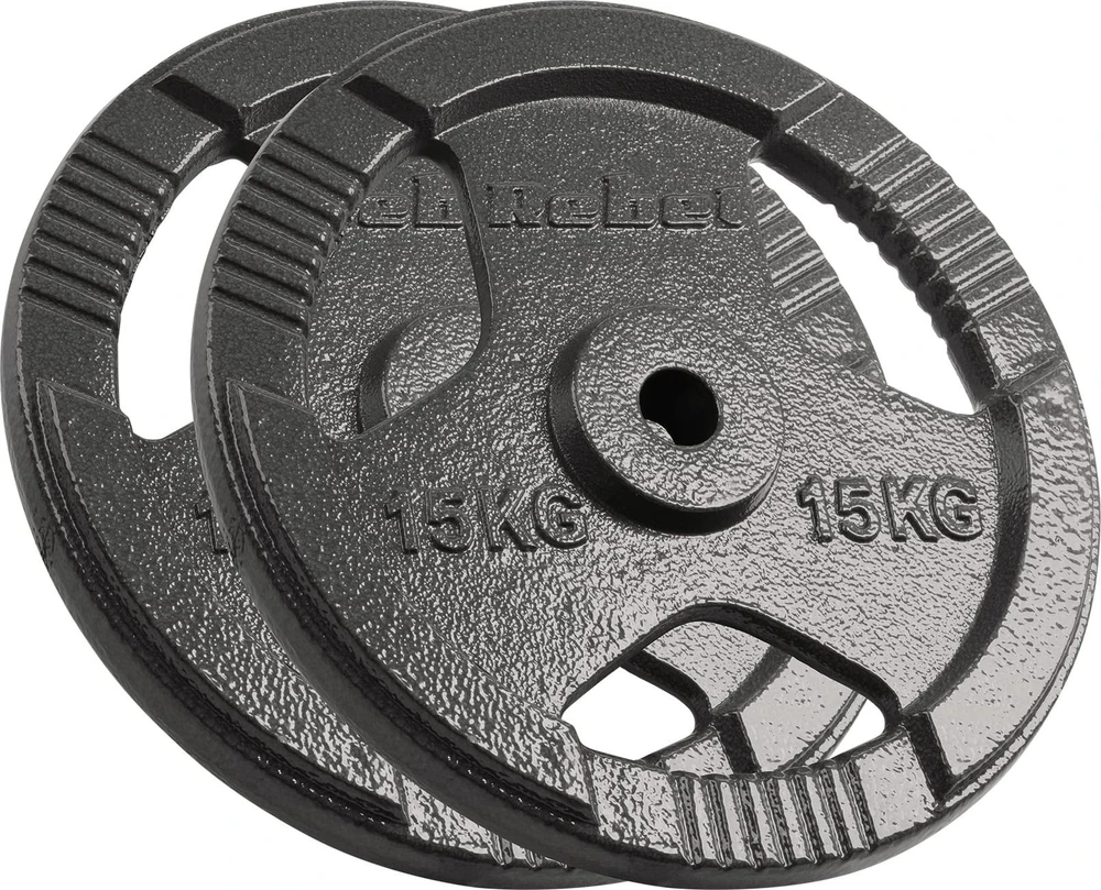 Ketaus svarelių rinkinys 2x15kg, skylė 31mm, plokštė su rankenomis, REBEL ACTIVE