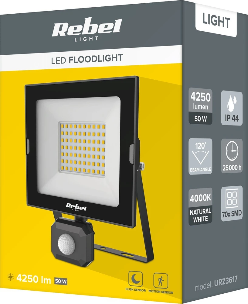 Rebel 50W LED prožektorius su prieblanda ir judesio jutikliu, 4000K, 230V