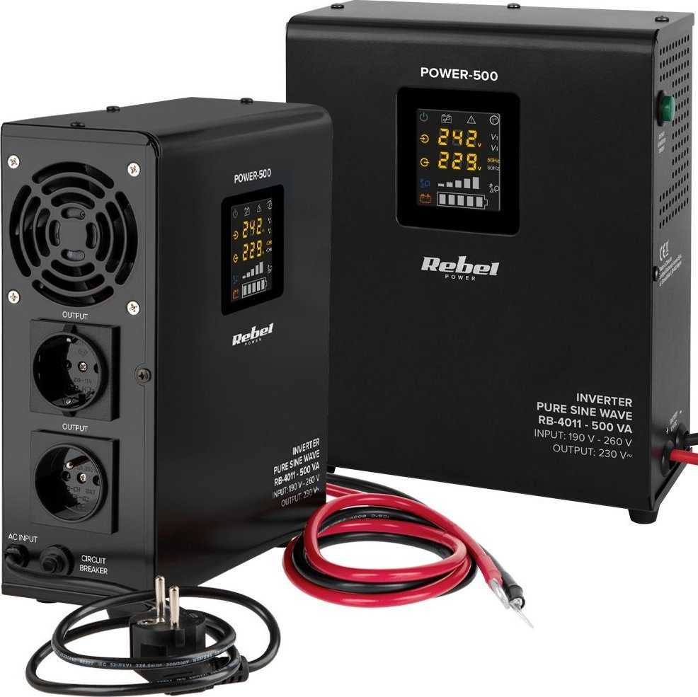 Rebel POWER-500 Sieninis avarinis maitinimo šaltinis – grynos sinusinės bangos keitiklis su įkrovimo funkcija 12V 230V 500VA 300W