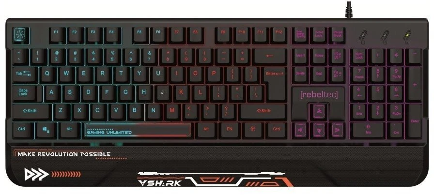 Rebeltec „Shark“ viso dydžio RGB žaidimų klaviatūra su integruotu riešo atrama, atspari vandeniui.