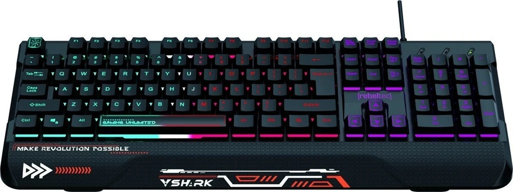 Rebeltec „Shark“ viso dydžio RGB žaidimų klaviatūra su integruotu riešo atrama, atspari vandeniui.