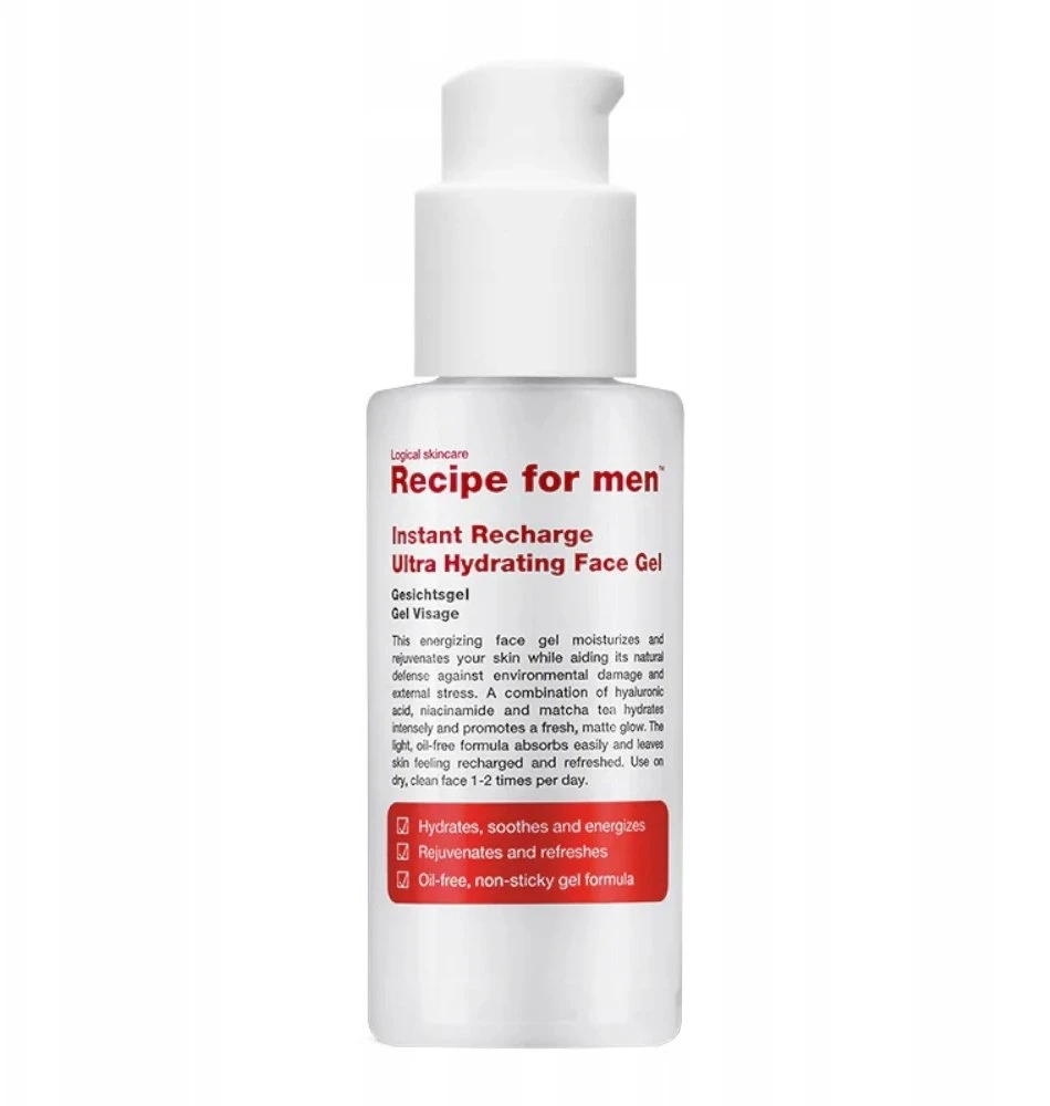 „Recipe For Men“ akimirksniu įkraunamas drėkinamasis veido gelis su hialurono rūgštimi, 75 ml