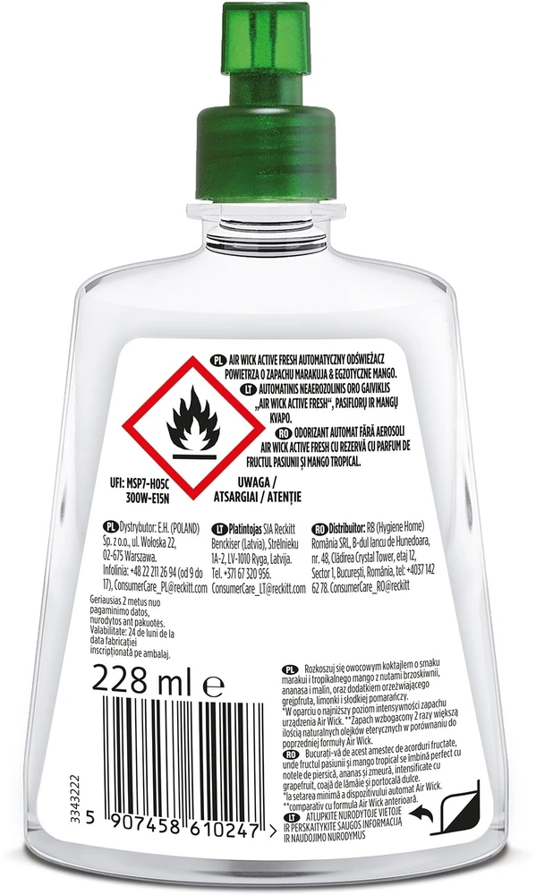 Reckitt Benckiser AIR WICK ACTIVE FRESH įdėklas Marakuja ir egzotiškas mango, Passiflora ir tropinis mango 228 ml