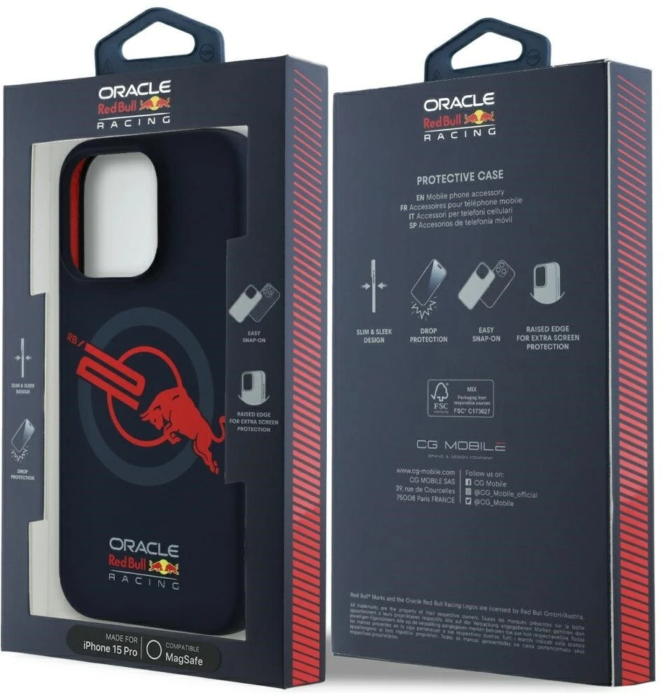 Red Bull Raudona Bull Dėklas Raudona Bull HC Silicone ORBR20 Logo Raudona Lining Apple iPhone 15 Pro MagSafe navy mėlynas