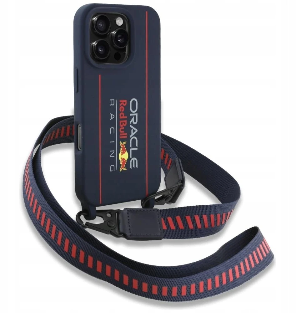 Red Bull Raudona Bull Raudona Bull silikoninis Vertical Logo MagSafe Case + Crossbody Strap for iPhone 16 Pro dėklas telefonui mėlynos spalvos