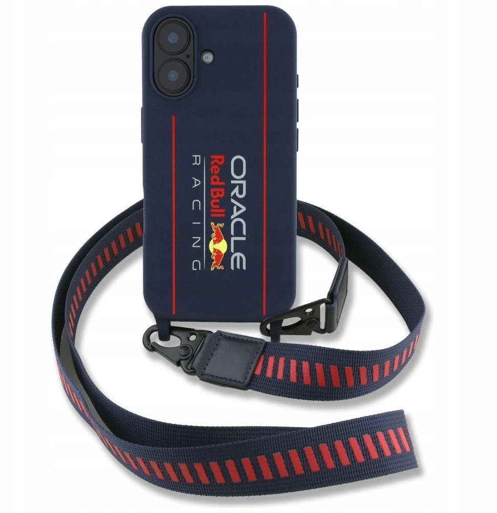 Red Bull Raudona Bull Raudona Bull silikoninis Vertical Logo MagSafe Case + Crossbody Strap for iPhone 16 dėklas telefonui mėlynos spalvos