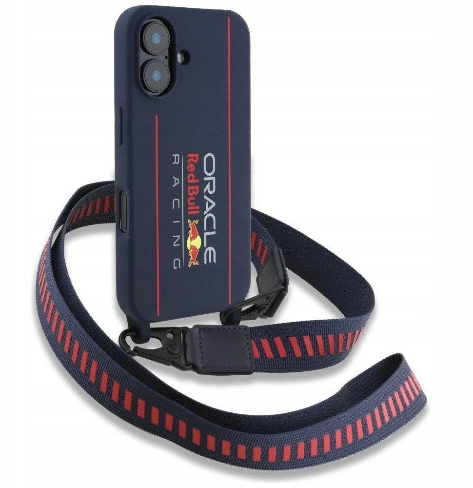 Red Bull Raudona Bull Raudona Bull silikoninis Vertical Logo MagSafe Case + Crossbody Strap for iPhone 16 dėklas telefonui mėlynos spalvos