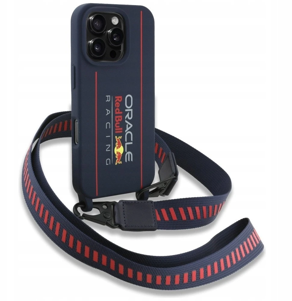 Red Bull Raudona Bull Raudona Bull silikoninis Vertical Logo MagSafe Case + Crossbody Strap for iPhone 16 Pro Max dėklas telefonui mėlynos spalvos