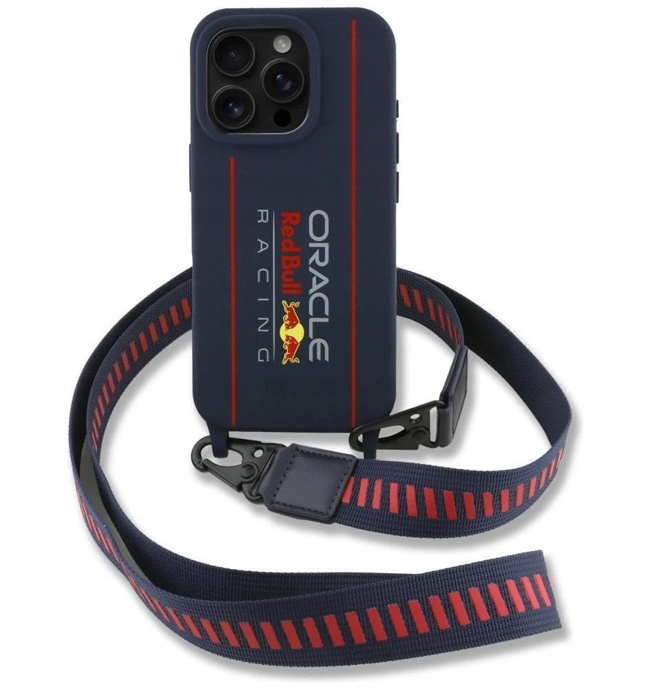 Red Bull Raudona Bull Raudona Bull silikoninis Vertical Logo MagSafe Case + Crossbody Strap for iPhone 16 Pro Max dėklas telefonui mėlynos spalvos