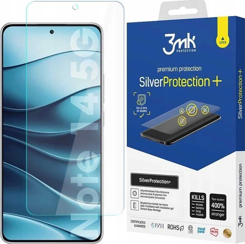 3MK SilverProtect+ Redmi Note 14 5G antimikrobinė plėvelė, skirta drėgnam montavimui