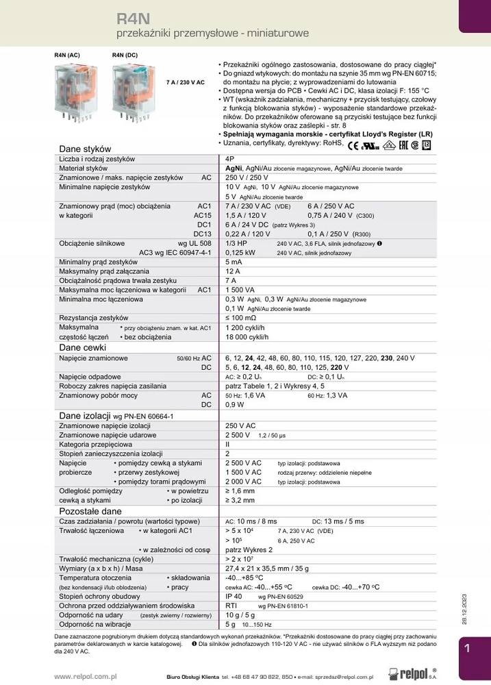 Relpol A00028 Pramoninė relė 4P 48V AC AgNi R4N-2014-23-5048-WT A00028
