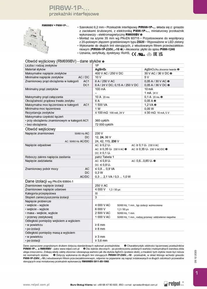 Relpol Sąsajos relė 1P 6A 230V AC/DC PIR6W-1P-230VAC/DC 856069