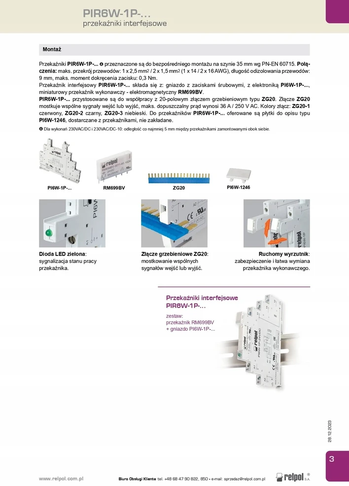 Relpol Sąsajos relė 1P 6A 230V AC/DC PIR6W-1P-230VAC/DC 856069